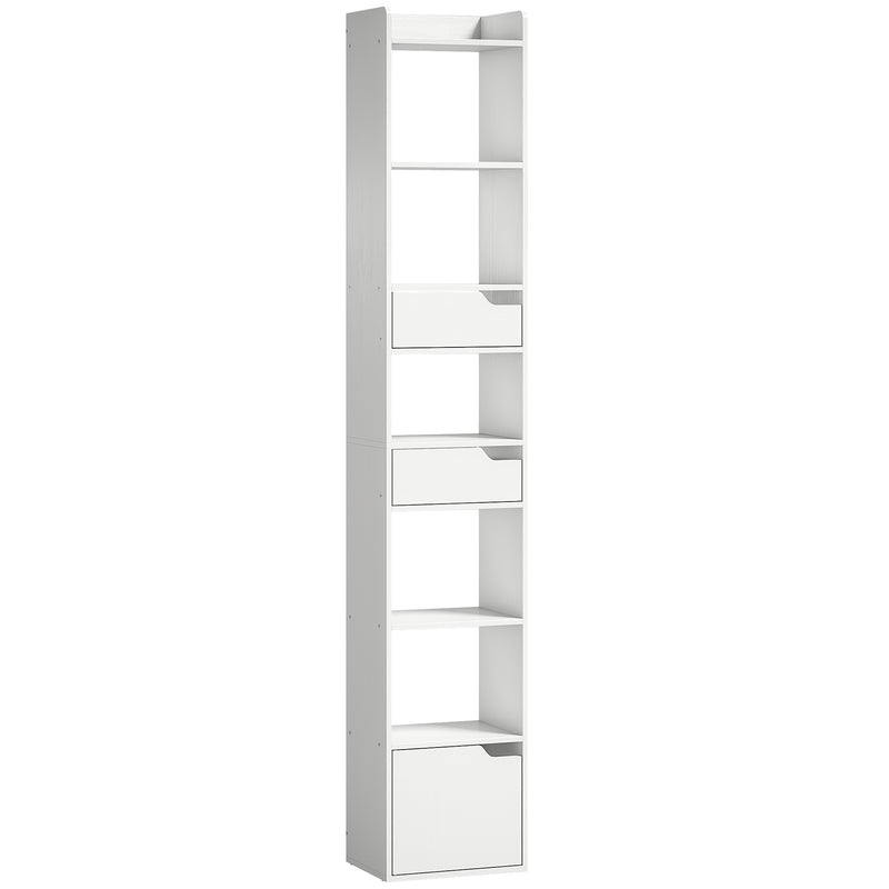 Slim Corner Bookcase with Shelves Drawers and Cabinet for Small Spaces White Wood Effect