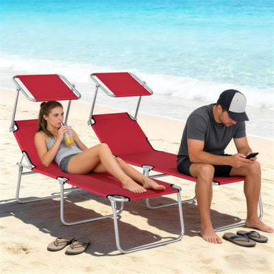 Reclining Sun Lounger Set of 2 with Adjustable Canopy for Garden or Patio, Red Outsunny