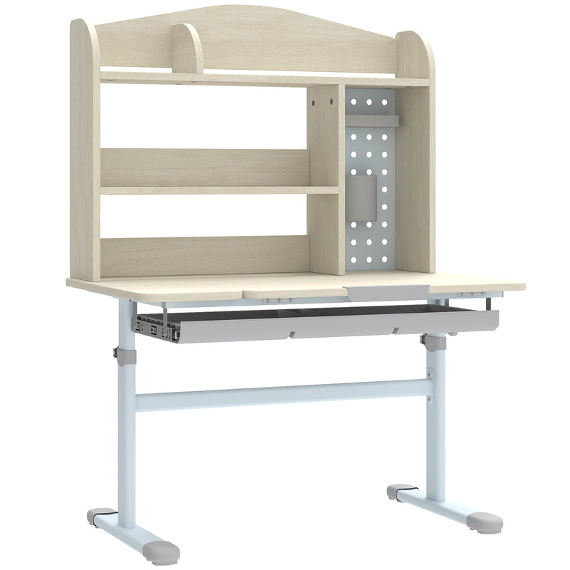 Height Adjustable Kids Study Desk With Tilt Top Storage Hutch And Pegboard Natural AOSOM