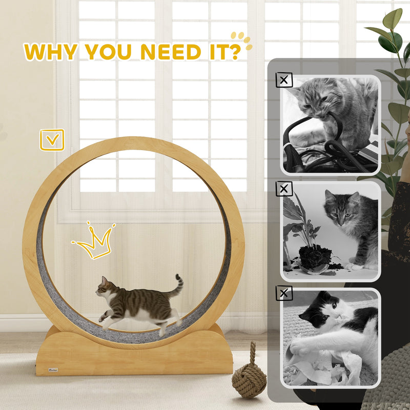 Wooden Cat Exercise Wheel with Brake for Indoor Fitness and Play, Natural