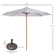 3m Wooden Garden Parasol with Pulley Mechanism and Base for Patio or Market Use White AOSOM