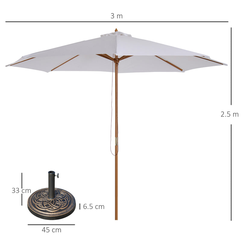 3m Wooden Garden Parasol with Pulley Mechanism and Base for Patio or Market Use White AOSOM