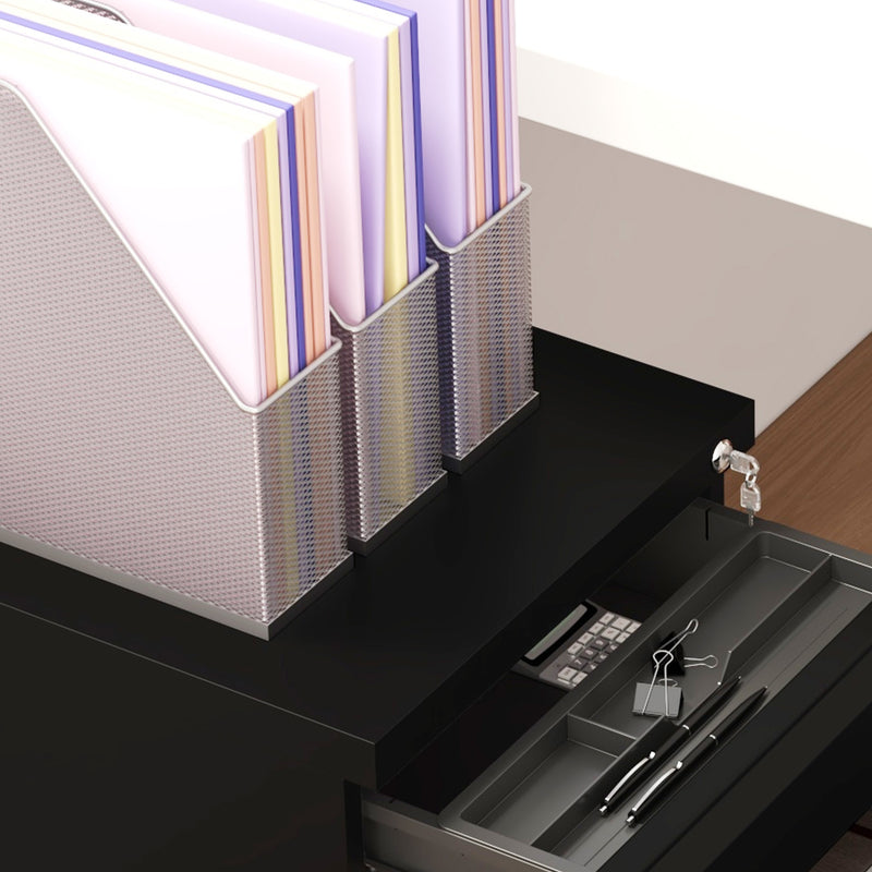 3 Drawer Steel Filing Cabinet With Lock For A4 Legal And Letter Files On Wheels, Black