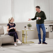 Slim C Shaped Side Table with 2 Tiers for Small Spaces Living Room or Bedroom White Marble Grain