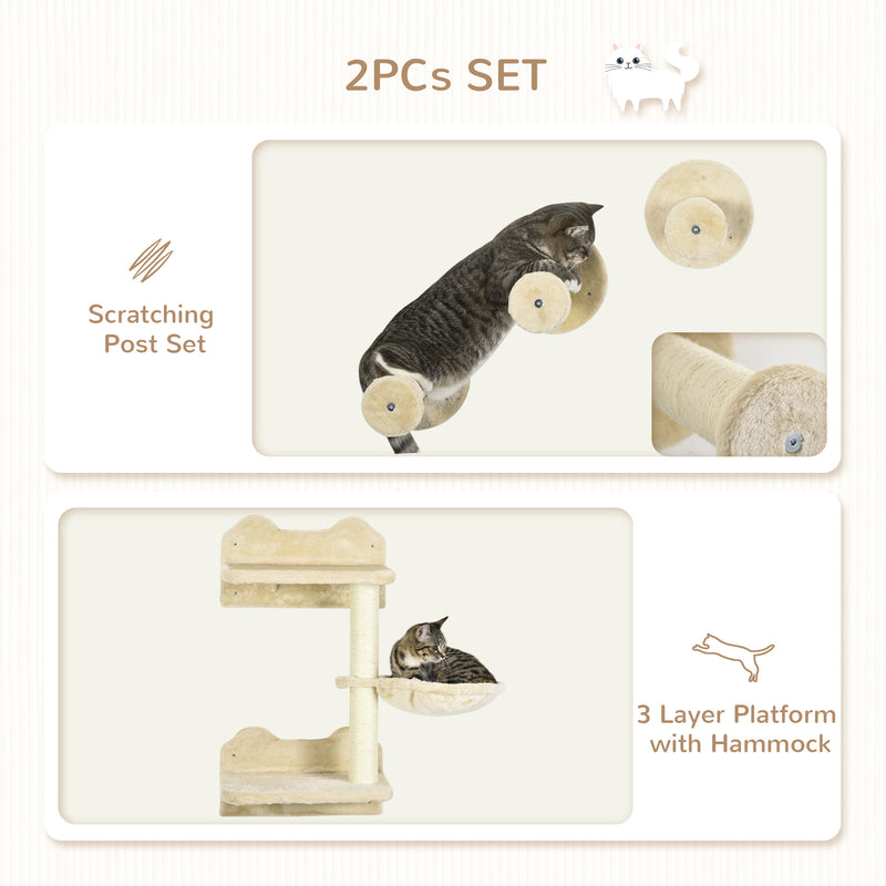 Wall Mounted Cat Tree with Scratching Post for Indoor Cats 4 Piece Space Saving Set Beige