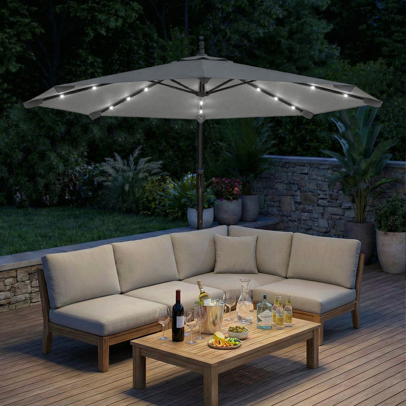 Cantilever Garden Parasol with Solar LED Lights for Shaded Outdoor Seating Light Grey Outsunny