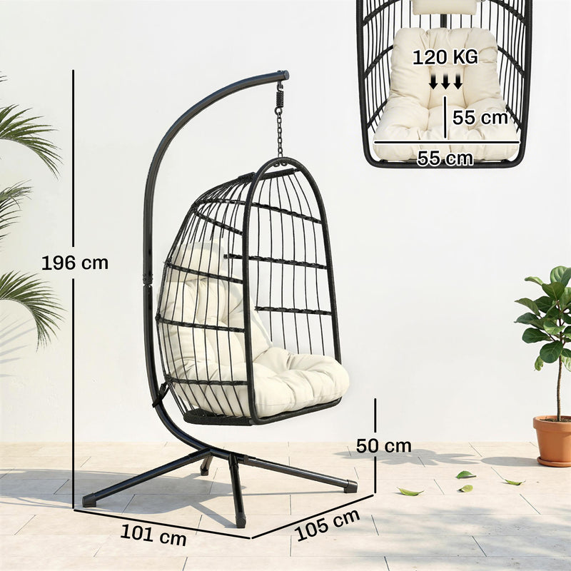 Hanging Egg Chair with Stand for Comfortable Outdoor Relaxation Foldable Basket Black Cream White Outsunny