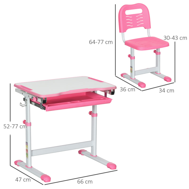 Adjustable Kids Desk and Chair Set with Storage Drawer and Hook for Study Time, Pink