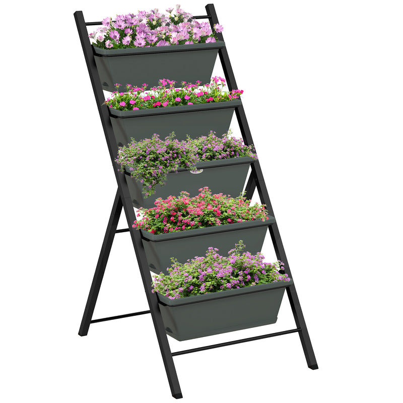 Grey 5 Tier Vertical Garden Planter Stand With Containers For Vegetables And Flowers