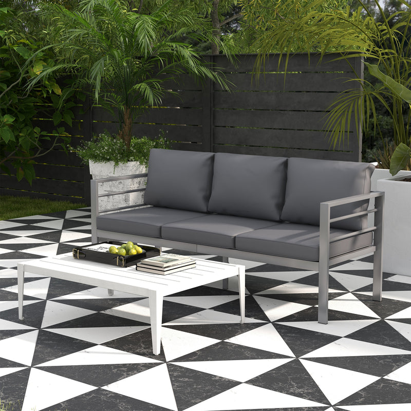 Grey Metal 3 Seater Garden Sofa With Cushions For Comfortable Outdoor Seating Outsunny