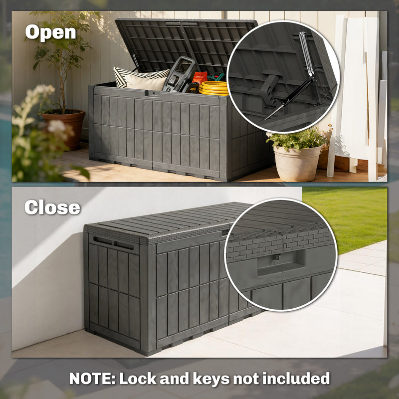 440L Waterproof Plastic Garden Storage Box With Bench Seat For Garden Tools & Cushions Wood Effect Coffee