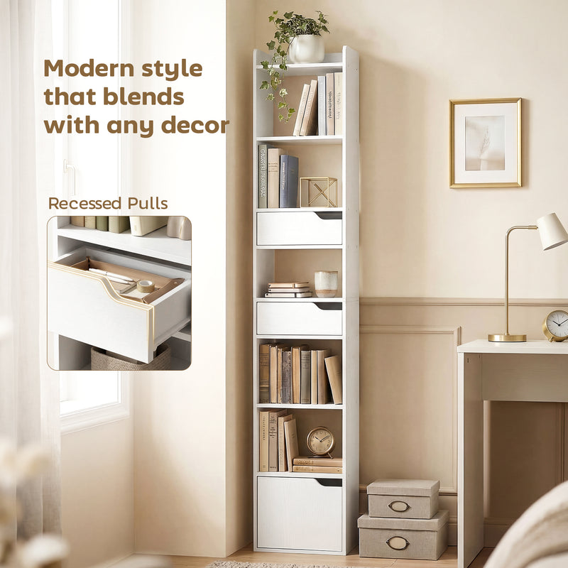 Slim Corner Bookcase with Shelves Drawers and Cabinet for Small Spaces White Wood Effect