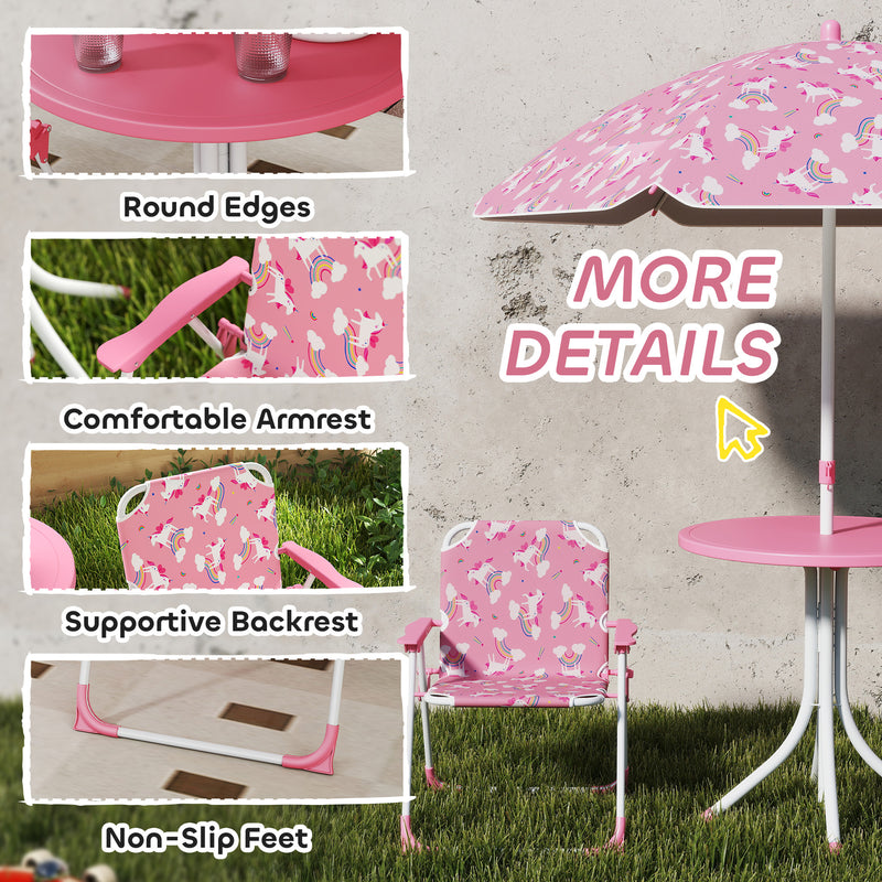 Kids Garden Table and Chair Set with Umbrella for Outdoor Playtime 4 Piece Pink AOSOM