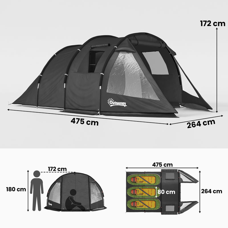 Outsunny 3-4 Man Tunnel Tent, Two Room Camping Tent with Windows, Portable Carry Bag, for Fishing, Hiking, Sports, Festival - Black