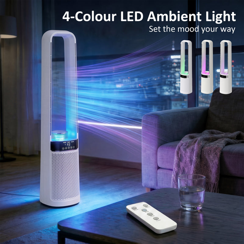 Oscillating Bladeless Tower Fan with Quiet Sleep Mode LED Lights and Remote Control for Bedrooms and Living Rooms, White