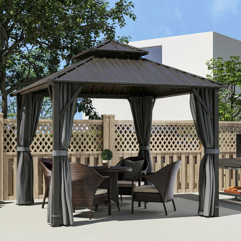 3x3m Metal Roof Garden Gazebo with Privacy Curtains and Mesh Sides for Year Round Shelter Grey