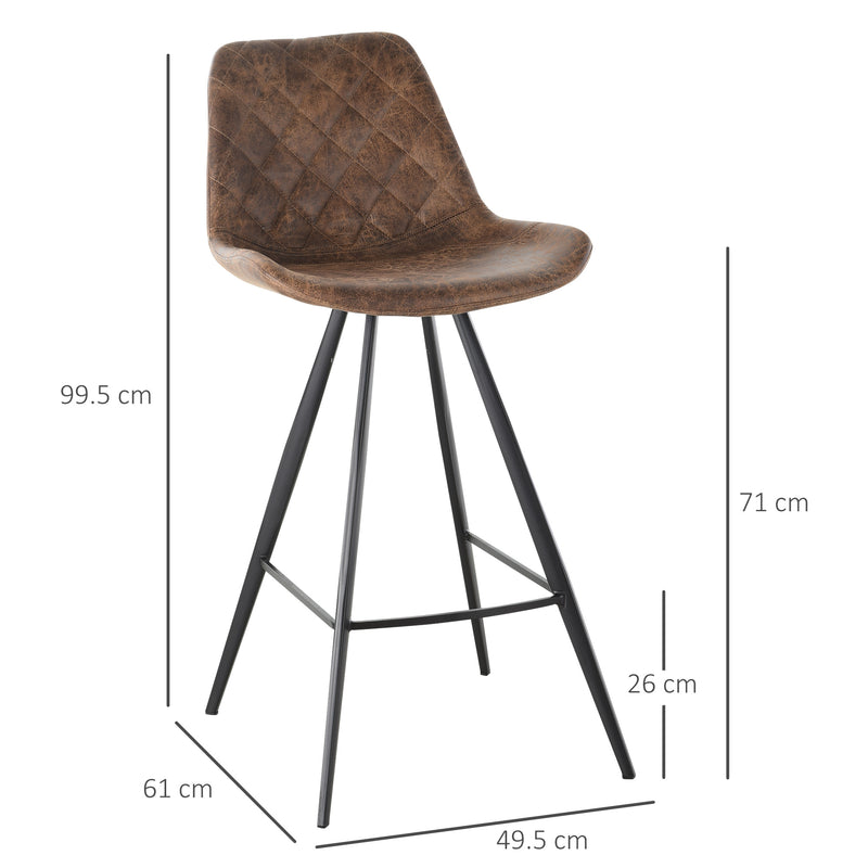 Set of 2 Vintage Bar Stools with Padded Quilted Seats and Footrest for Kitchen Brown