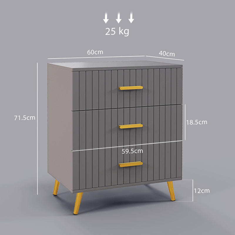 Three Drawer Bedroom Dresser with Embossed Lines for Stylish Storage Grey and Gold