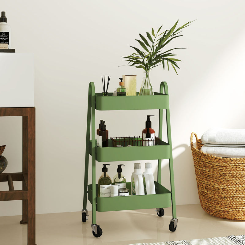 Green Three Tier Rolling Storage Trolley with Wheels and Organiser Shelves