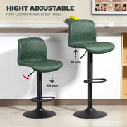 Set of 2 Adjustable PU Leather Bar Stools with Backrest for Kitchen or Breakfast Bar Green