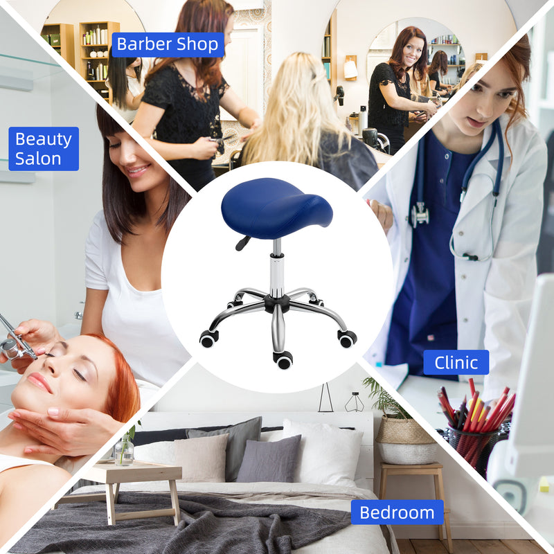 Height Adjustable Saddle Stool for Salon or Spa with Faux Leather Seat Dark Blue