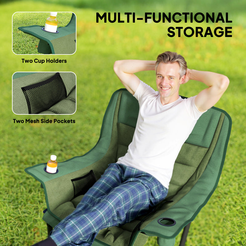 Folding Camping Chair with Padded Seat and Cup Holders for Garden or Outdoor Use Olive Green