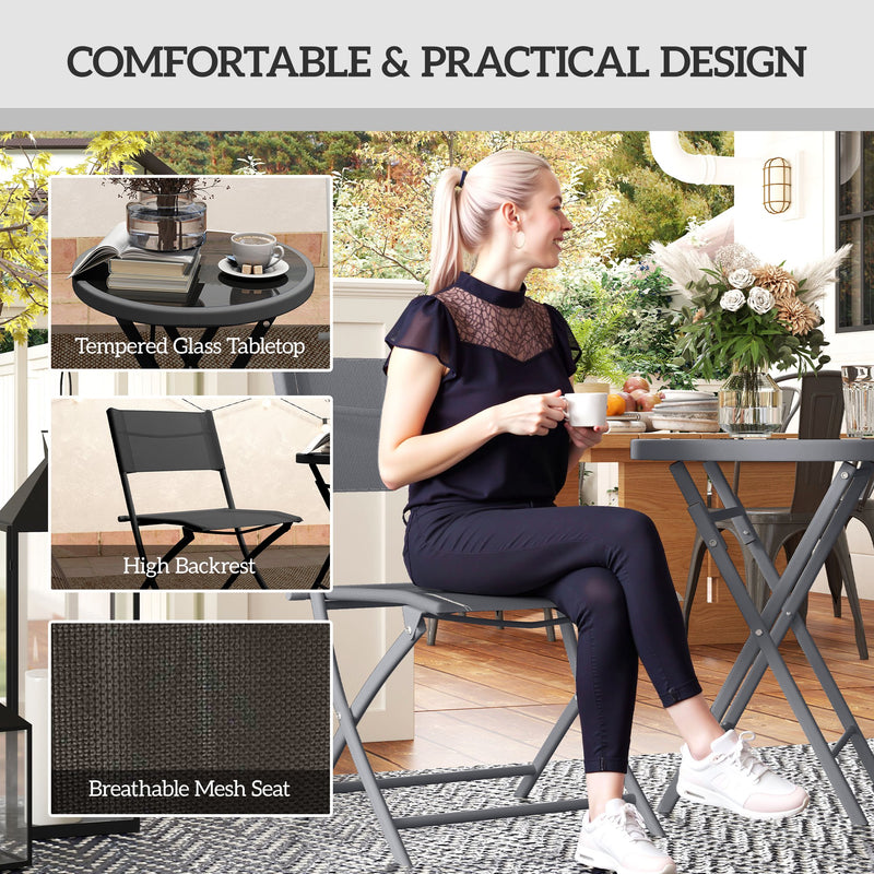 2 Seater Folding Garden Bistro Set for Small Patios and Balconies with Mesh Chairs, Black
