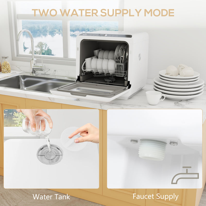 Compact 6L Tabletop Dishwasher with Five Cleaning Modes Ideal for Small Kitchens White AOSOM