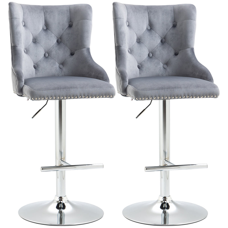 Set of 2 Adjustable Swivel Bar Stools with Tufted Back and Footrest for Home Bar Grey