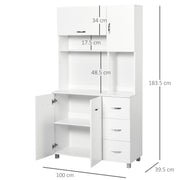 White Tall Kitchen Storage Cabinet With Countertop Drawers And Shelves 183cm High