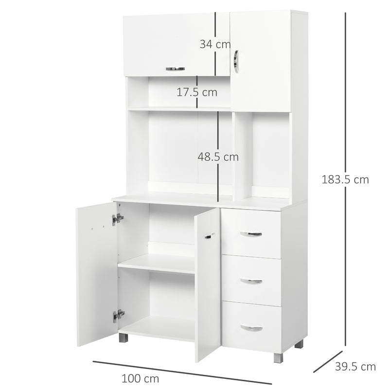 White Tall Kitchen Storage Cabinet With Countertop Drawers And Shelves 183cm High