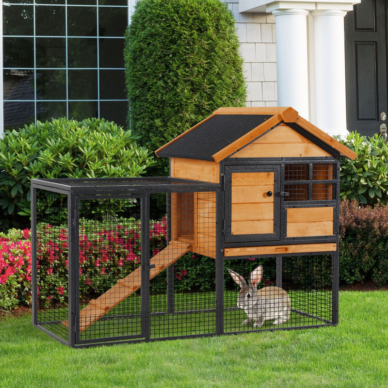 Elevated Wooden Rabbit Hutch with Metal Frame and Slide Out Tray for Outdoor Use, Grey