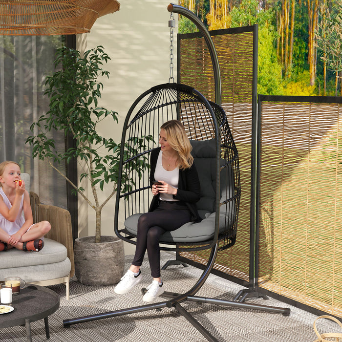 Dark Grey Hanging Egg Chair Rattan Swing Seat with Cushion and Headrest for Garden or Indoor by Outsunny