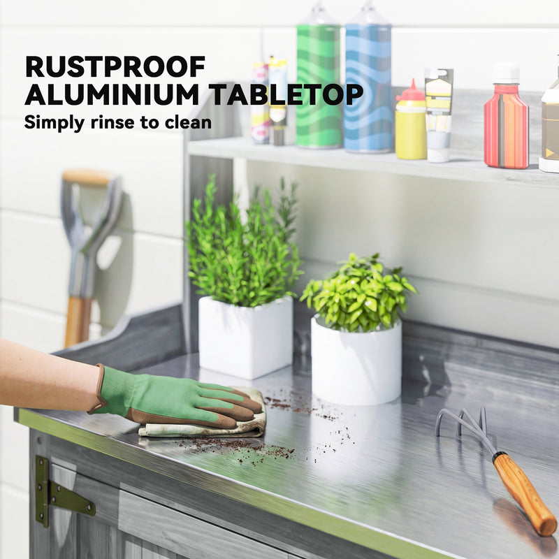 Grey Wooden Garden Potting Bench with Metal Worktop and Storage Cupboard for Outdoor Organisation