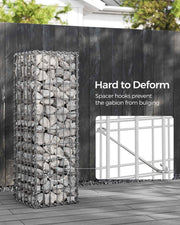 Feature panel showing spacer hooks that stop a tall stone-filled gabion bulging