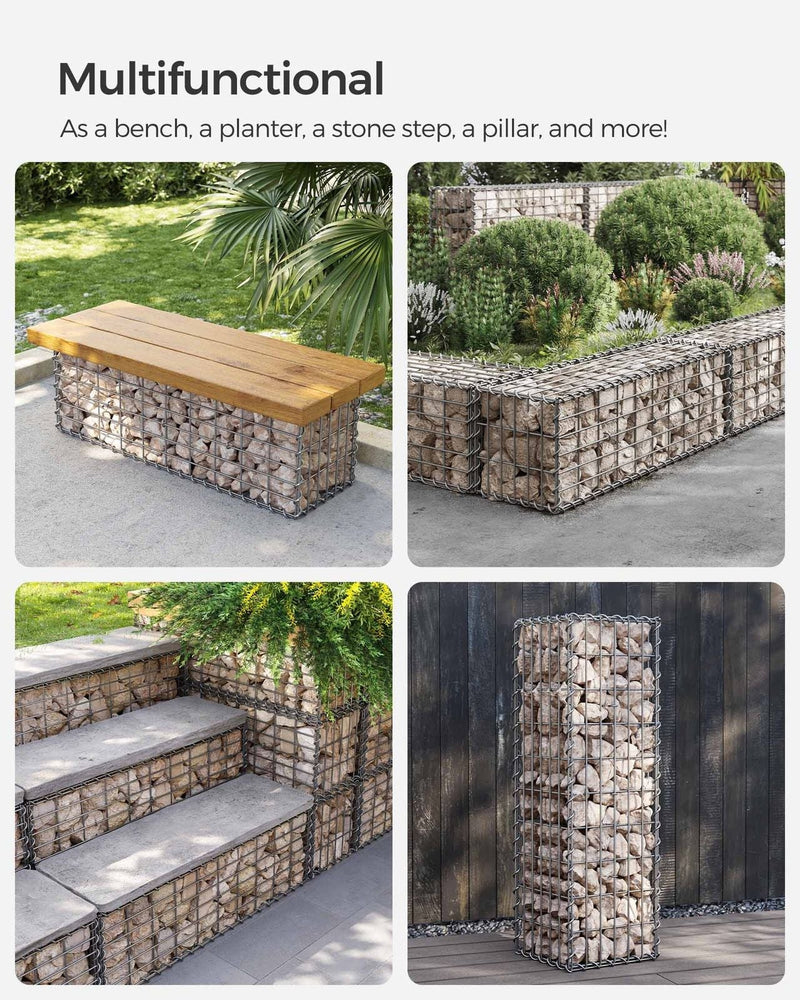Feature panel showing gabions used as a bench base and as a raised planter border