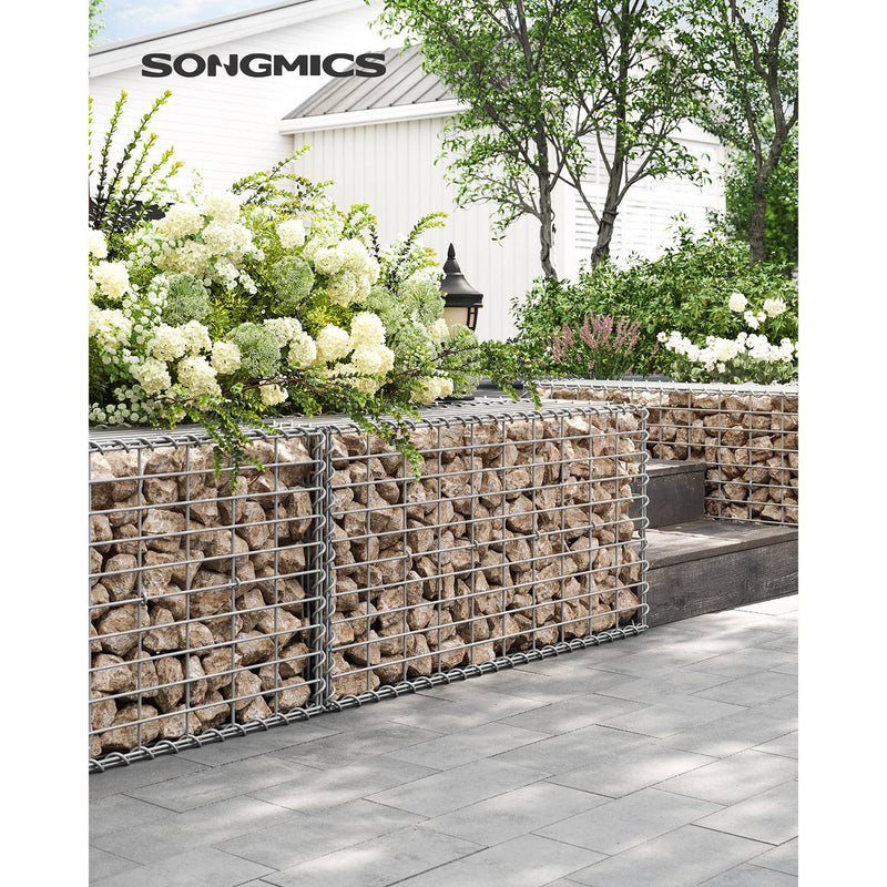 Stone-filled Songmics gabion basket forming a garden retaining wall with steps
