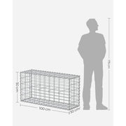 Dimension diagram of the gabion basket at 100 x 50 x 30 cm next to a person for scale