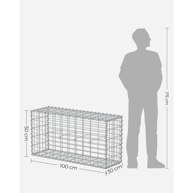Dimension diagram of the gabion basket at 100 x 50 x 30 cm next to a person for scale