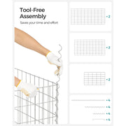 Tool-free assembly diagram showing the mesh panels and spiral wire fasteners