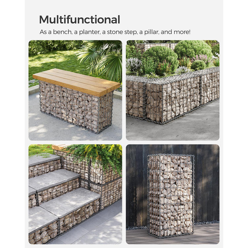 Gabion basket styled as a bench, planter, divider and pillar in a garden
