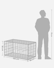 Dimension diagram of the gabion basket at 100 x 50 x 50 cm next to a person for scale