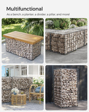 Gabion basket styled as a bench, planter, divider and pillar in a garden