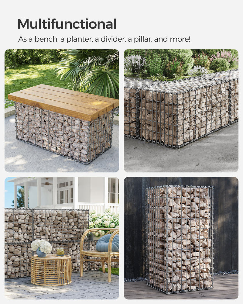 Gabion basket styled as a bench, planter, divider and pillar in a garden