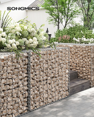 Stone-filled Songmics gabion cages forming a garden retaining wall with steps