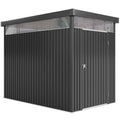 Dark grey galvanised steel garden shed with a pent roof and acrylic daylight panels