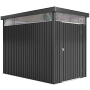 Dark grey galvanised steel garden shed with a pent roof and acrylic daylight panels