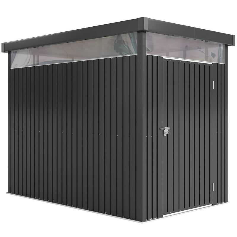 Dark grey galvanised steel garden shed with a pent roof and acrylic daylight panels