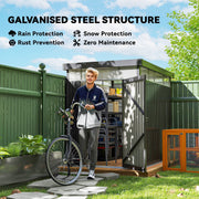 Galvanised steel structure panel listing rain, snow and rust protection beside a bike