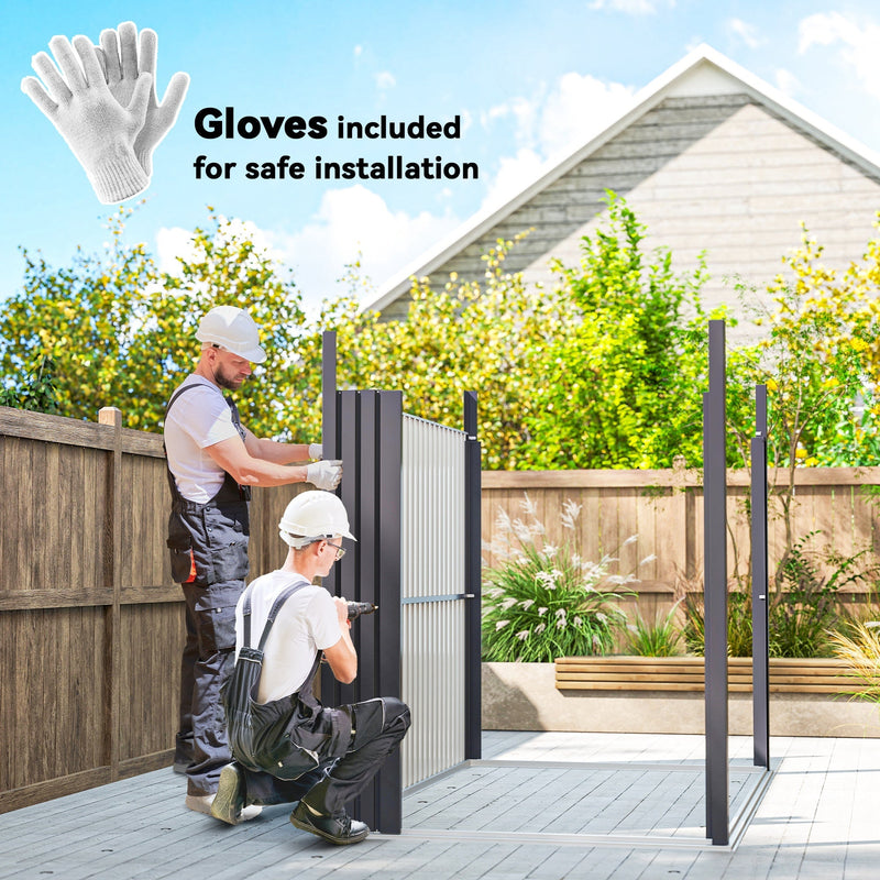 Two people assembling the metal shed panels in a garden with the included gloves